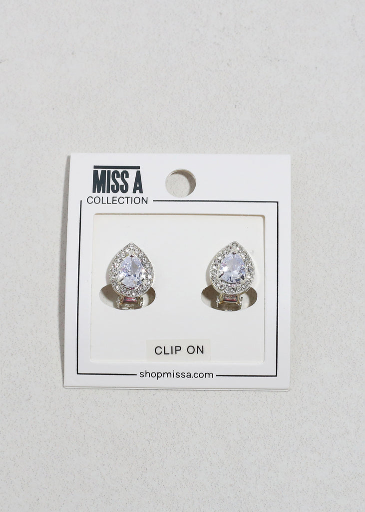 Teardrop Rhinestone Clip-On Earrings Silver JEWELRY - Shop Miss A