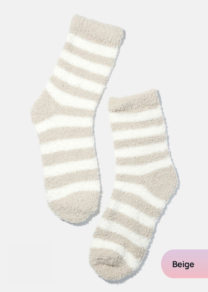 Miss A Stripe Fuzzy Socks Beige ACCESSORIES - Shop Miss A