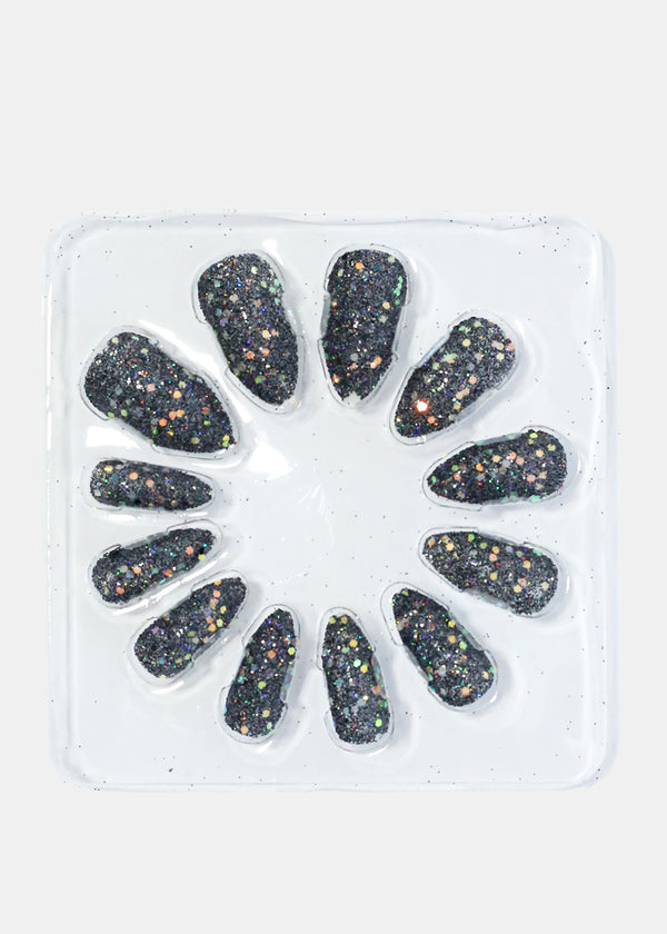 Glitter Almond Tip Press On Nails Black NAILS - Shop Miss A