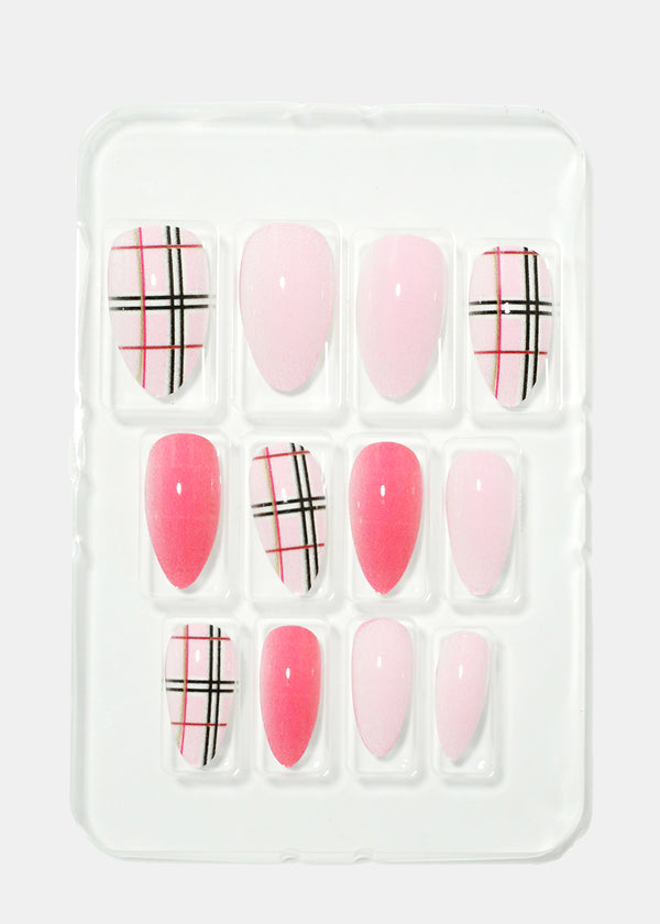 Checkered Print Press On Nails Pink NAILS - Shop Miss A