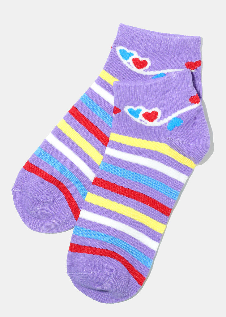 Multi Color Stripe & Heart Print Low Cut Socks Purple ACCESSORIES - Shop Miss A