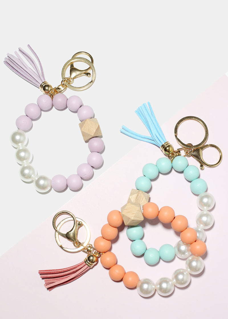 Bead and Pearl Wood Keychain Bracelet  ACCESSORIES - Shop Miss A