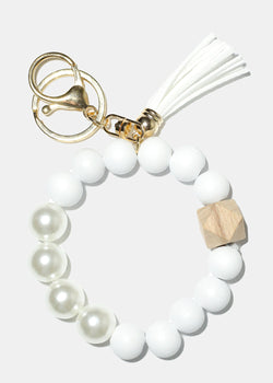 Bead and Pearl Wood Keychain Bracelet White/gold ACCESSORIES - Shop Miss A