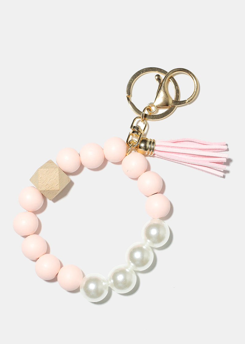 Bead and Pearl Wood Keychain Bracelet Pink/gold ACCESSORIES - Shop Miss A