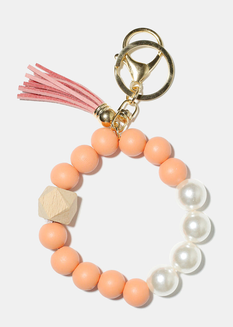 Bead and Pearl Wood Keychain Bracelet Orange/gold ACCESSORIES - Shop Miss A