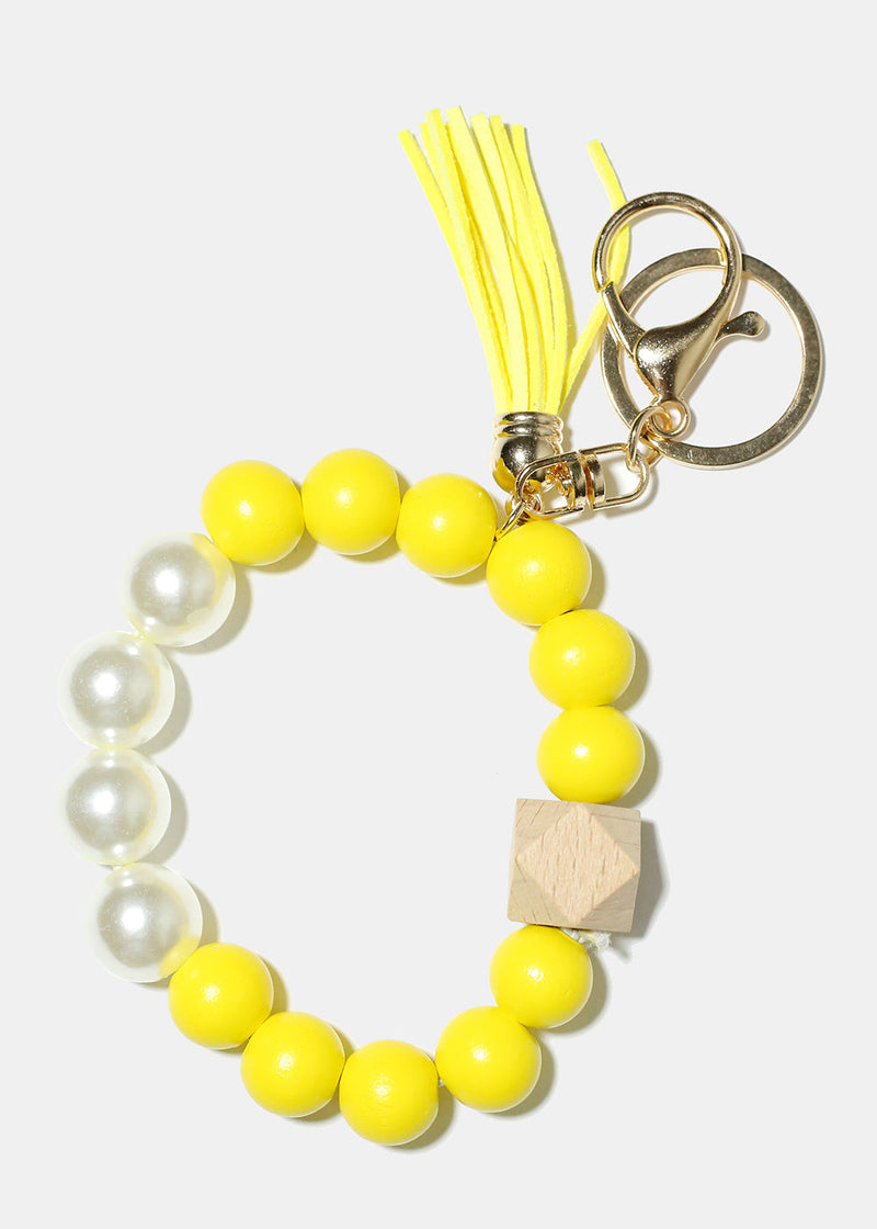 Bead and Pearl Wood Keychain Bracelet Yellow/gold ACCESSORIES - Shop Miss A