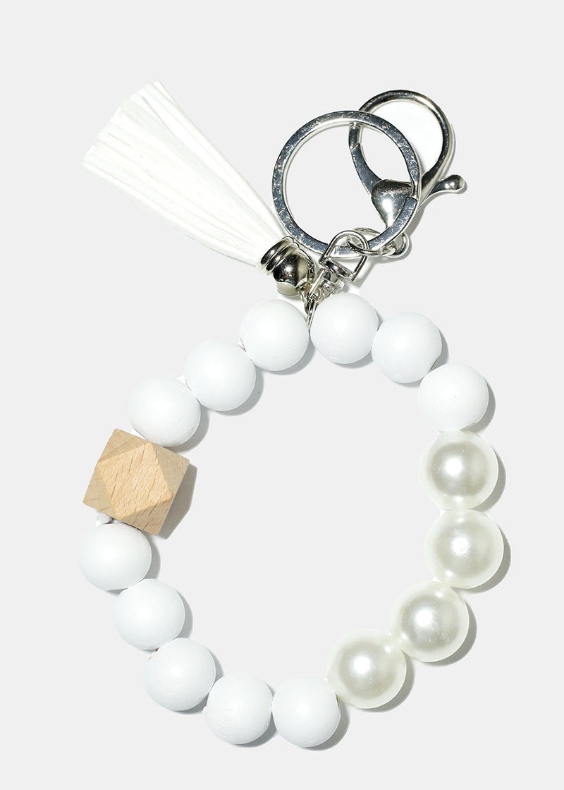 Bead and Pearl Wood Keychain Bracelet White/silver ACCESSORIES - Shop Miss A
