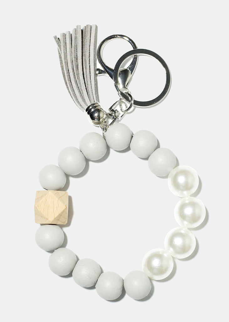 Bead and Pearl Wood Keychain Bracelet Grey/silver ACCESSORIES - Shop Miss A
