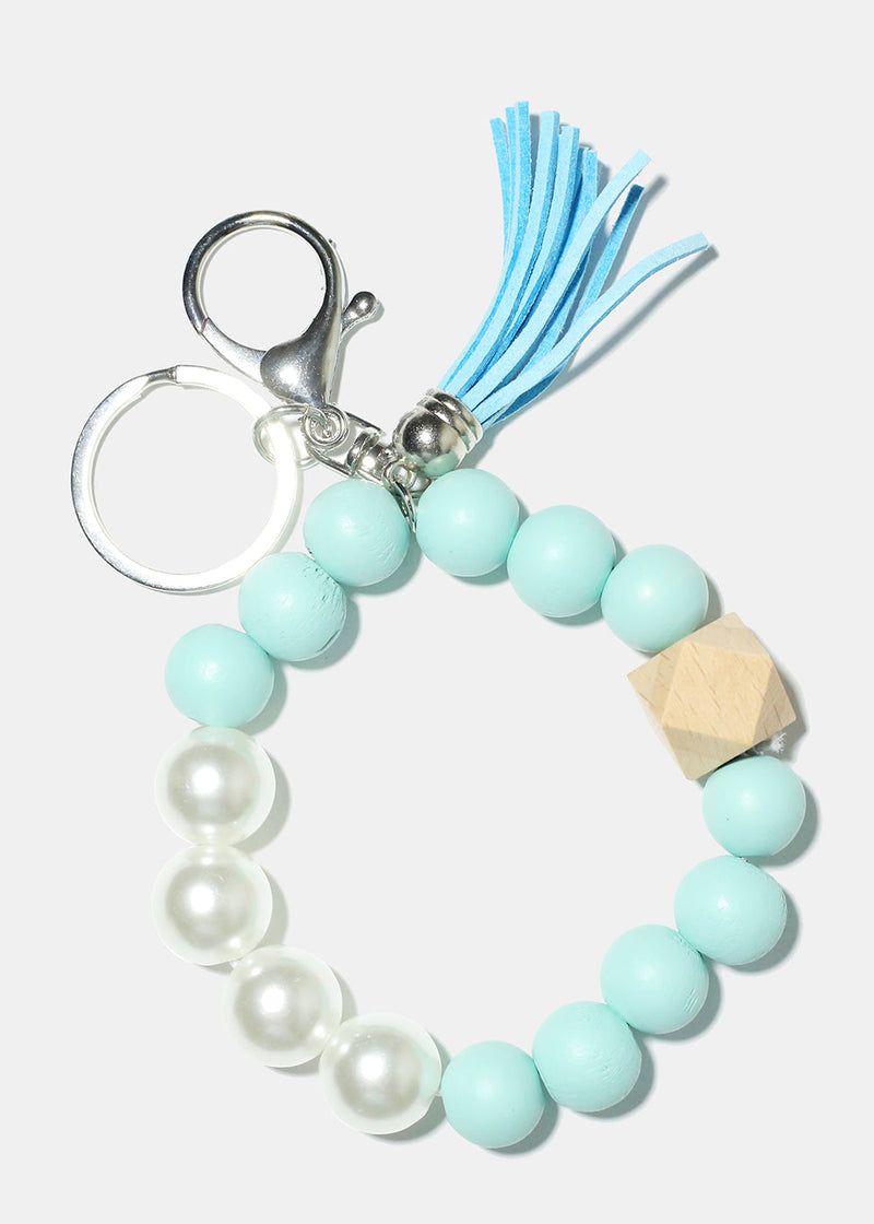 Bead and Pearl Wood Keychain Bracelet Blue/silver ACCESSORIES - Shop Miss A
