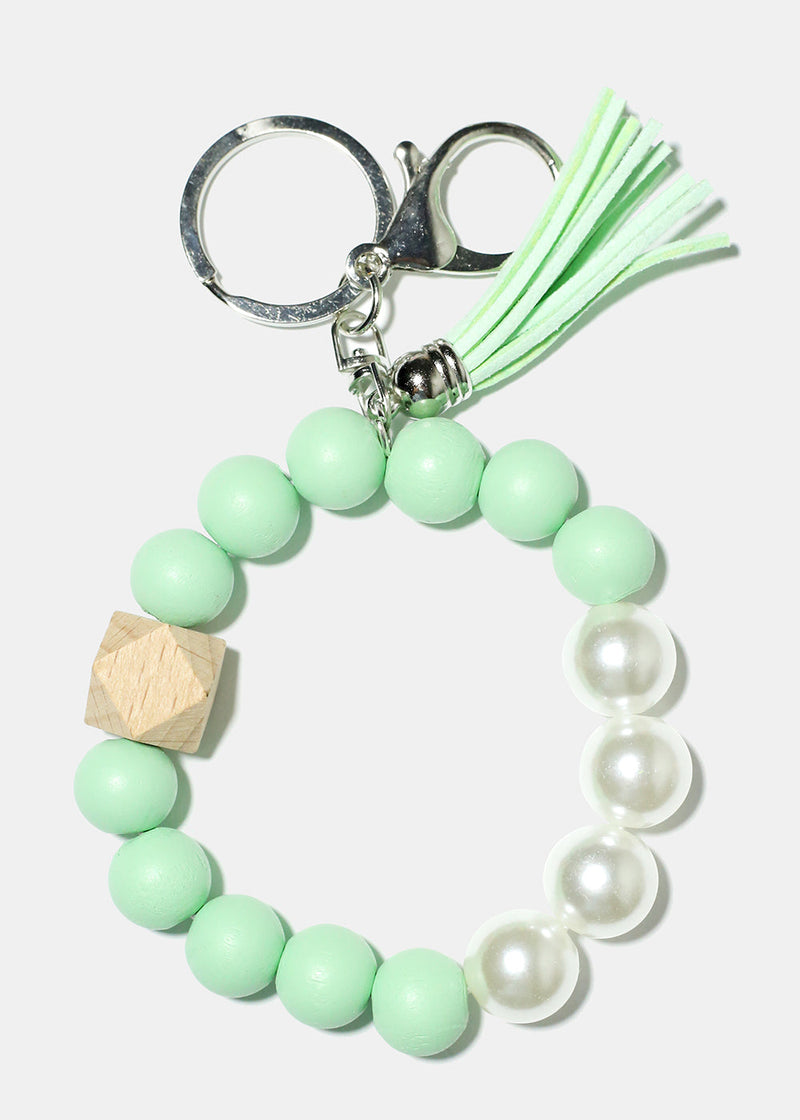 Bead and Pearl Wood Keychain Bracelet Green/silver ACCESSORIES - Shop Miss A