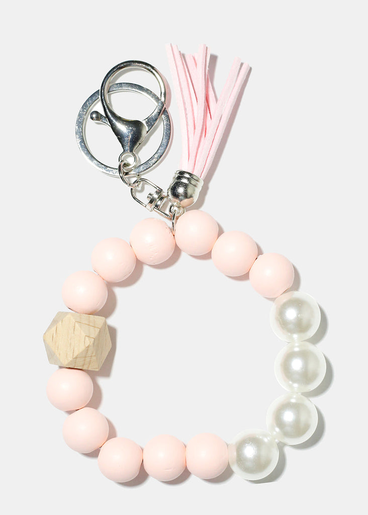 Bead and Pearl Wood Keychain Bracelet Pink/silver ACCESSORIES - Shop Miss A