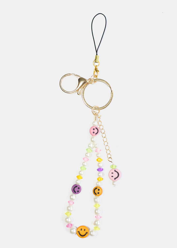 Smiley Face Bead & Pearl Phone Strap Multi/gold ACCESSORIES - Shop Miss A
