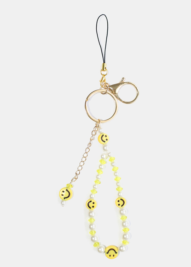 Smiley Face Bead & Pearl Phone Strap Yellow/gold ACCESSORIES - Shop Miss A