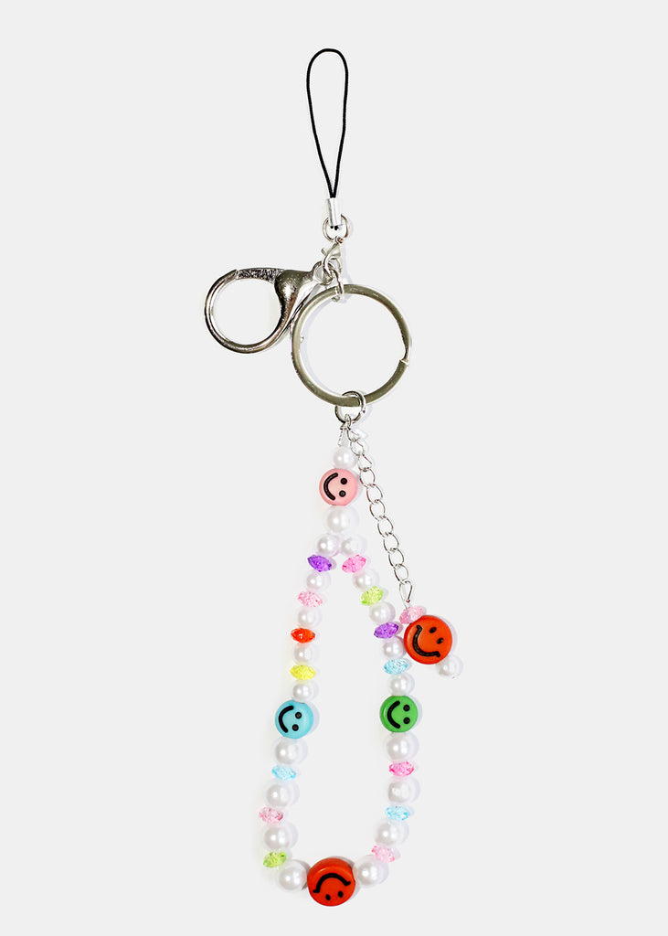 Smiley Face Bead & Pearl Phone Strap Multi/silver ACCESSORIES - Shop Miss A