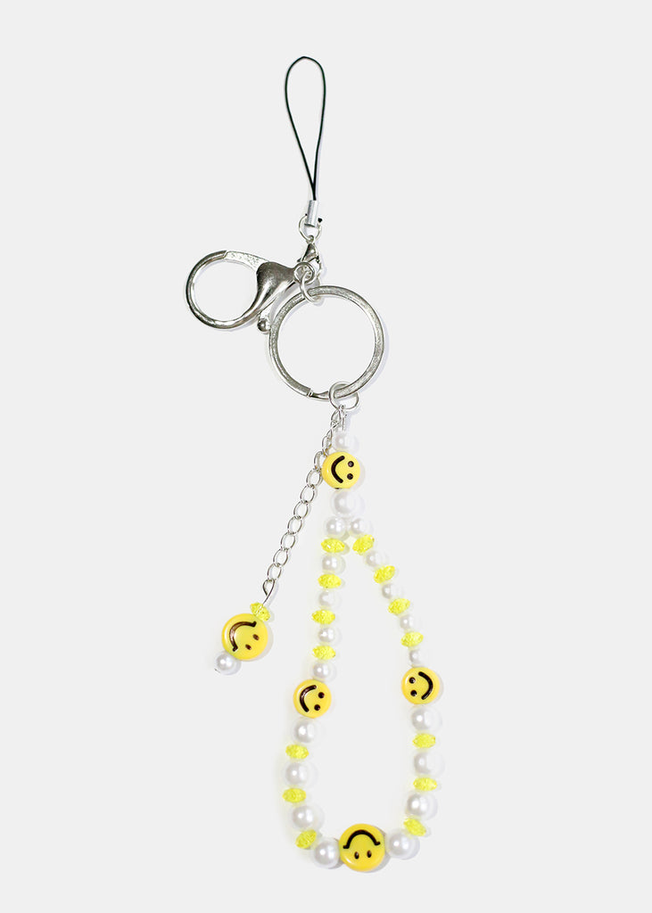 Smiley Face Bead & Pearl Phone Strap Yellow/silver ACCESSORIES - Shop Miss A