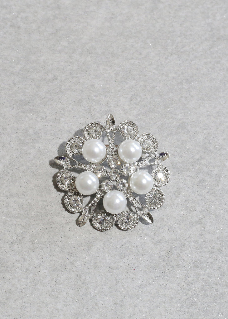 Rhinestone & Pearl Brooch Pin Silver/White ACCESSORIES - Shop Miss A
