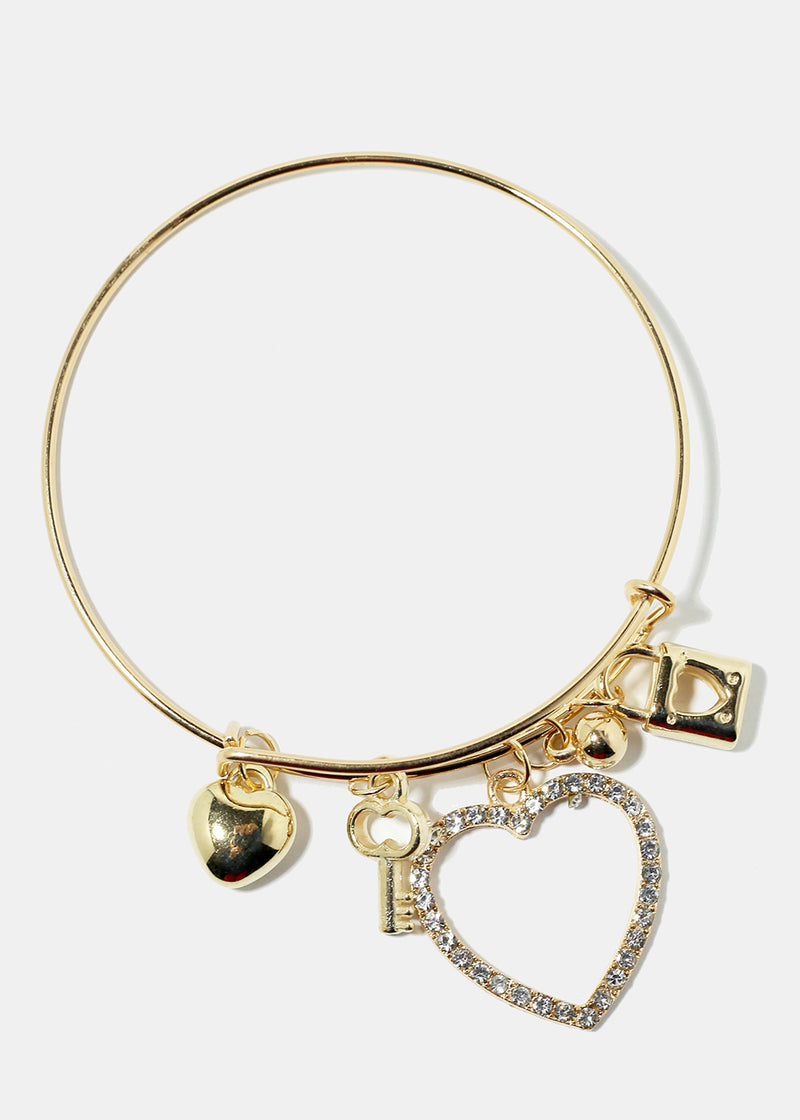Rhinestone Heart Charm Bangle Bracelet Gold JEWELRY - Shop Miss A