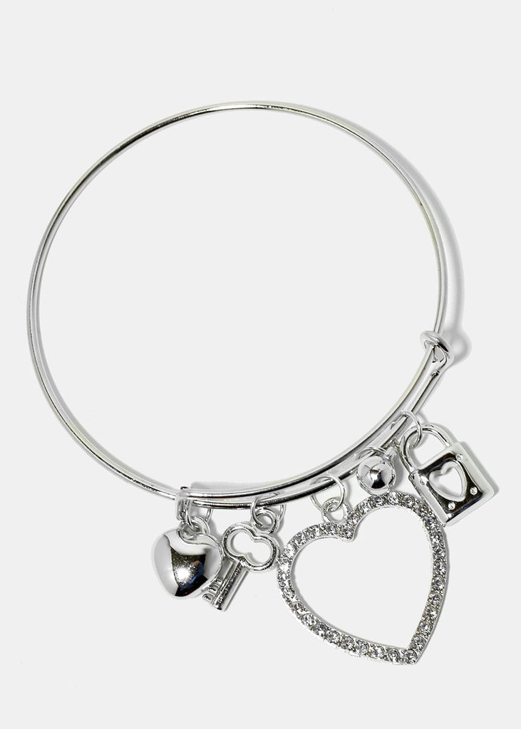 Rhinestone Heart Charm Bangle Bracelet Silver JEWELRY - Shop Miss A