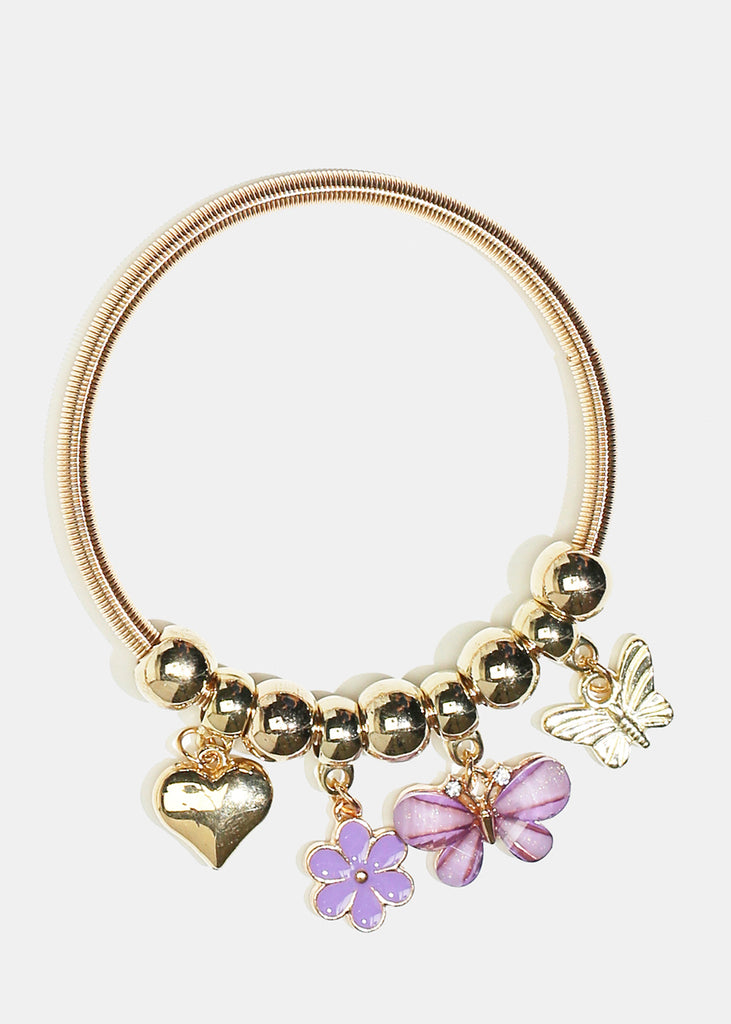 Flower & Butterfly Charm Coil Bracelet Gold Purple JEWELRY - Shop Miss A