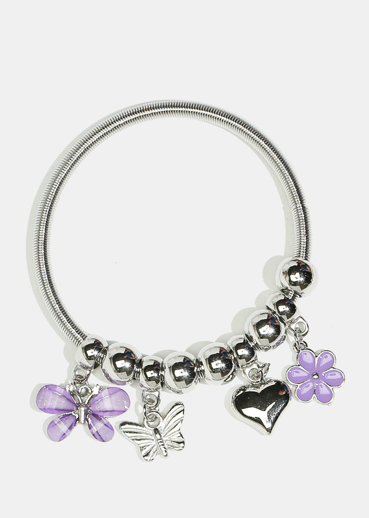 Flower & Butterfly Charm Coil Bracelet Silver Purple JEWELRY - Shop Miss A