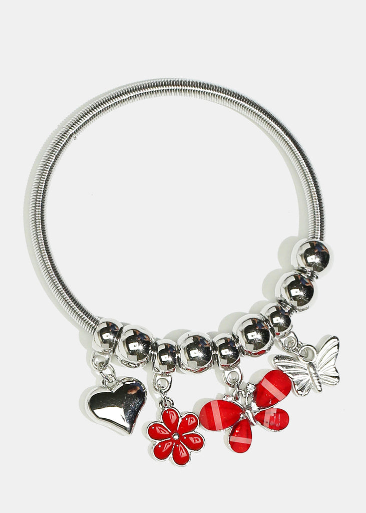Flower & Butterfly Charm Coil Bracelet Silver Red JEWELRY - Shop Miss A