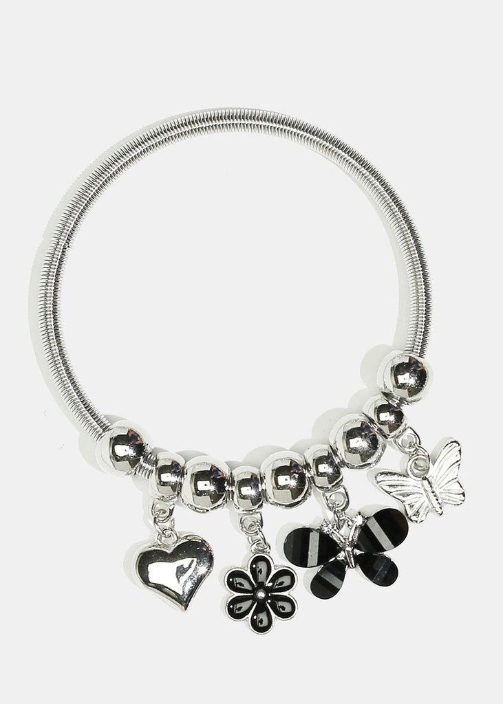 Flower & Butterfly Charm Coil Bracelet Silver Black JEWELRY - Shop Miss A