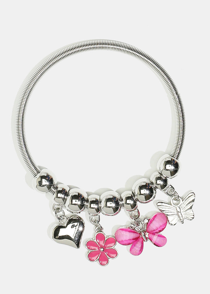 Flower & Butterfly Charm Coil Bracelet Silver Pink JEWELRY - Shop Miss A