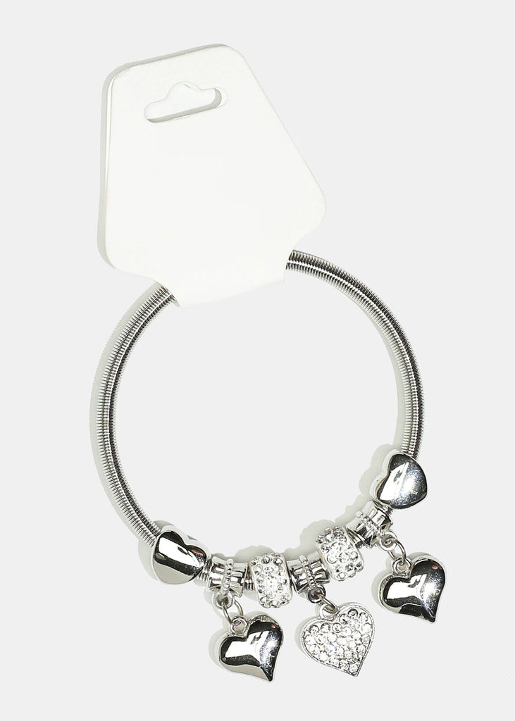 Heart Charm & Rhinestone Bead Coil Bracelet Silver JEWELRY - Shop Miss A