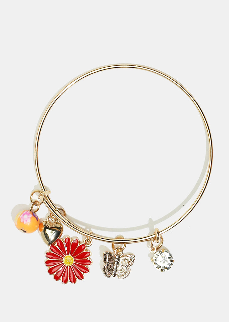 Flower & Butterfly Charm Bangle Bracelet Gold Red JEWELRY - Shop Miss A