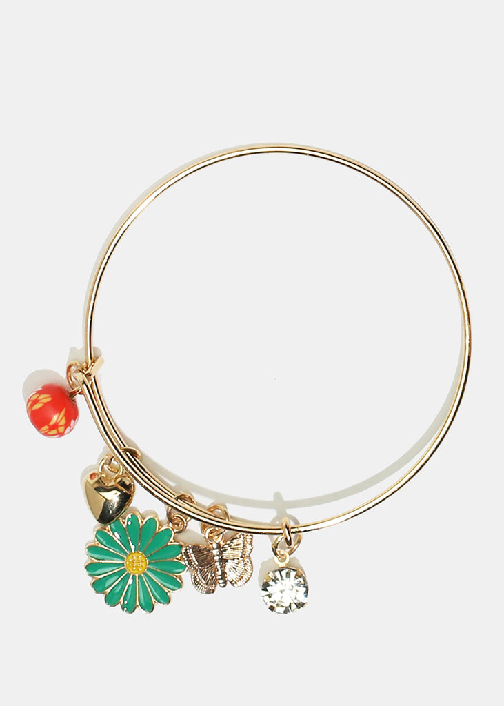 Flower & Butterfly Charm Bangle Bracelet Gold Green JEWELRY - Shop Miss A