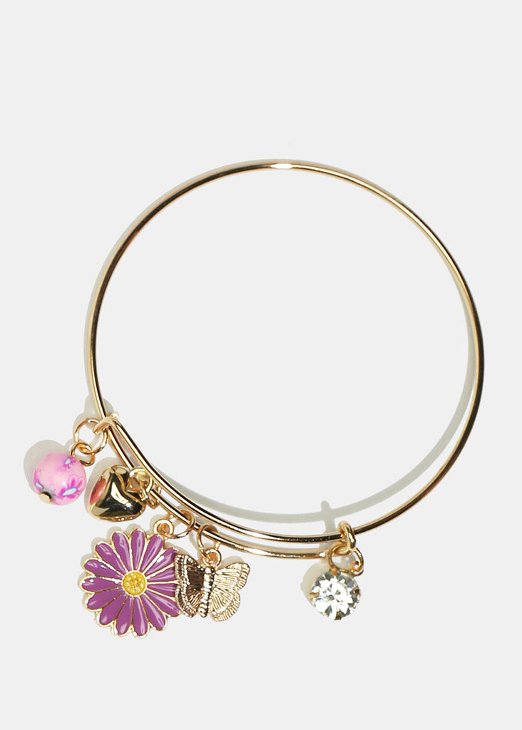 Flower & Butterfly Charm Bangle Bracelet Gold Purple JEWELRY - Shop Miss A