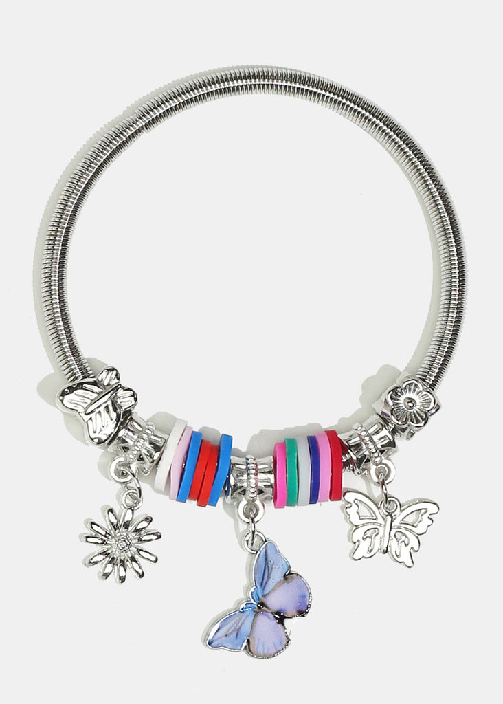 Butterfly & Flower Charm Coil Bracelet Silver JEWELRY - Shop Miss A