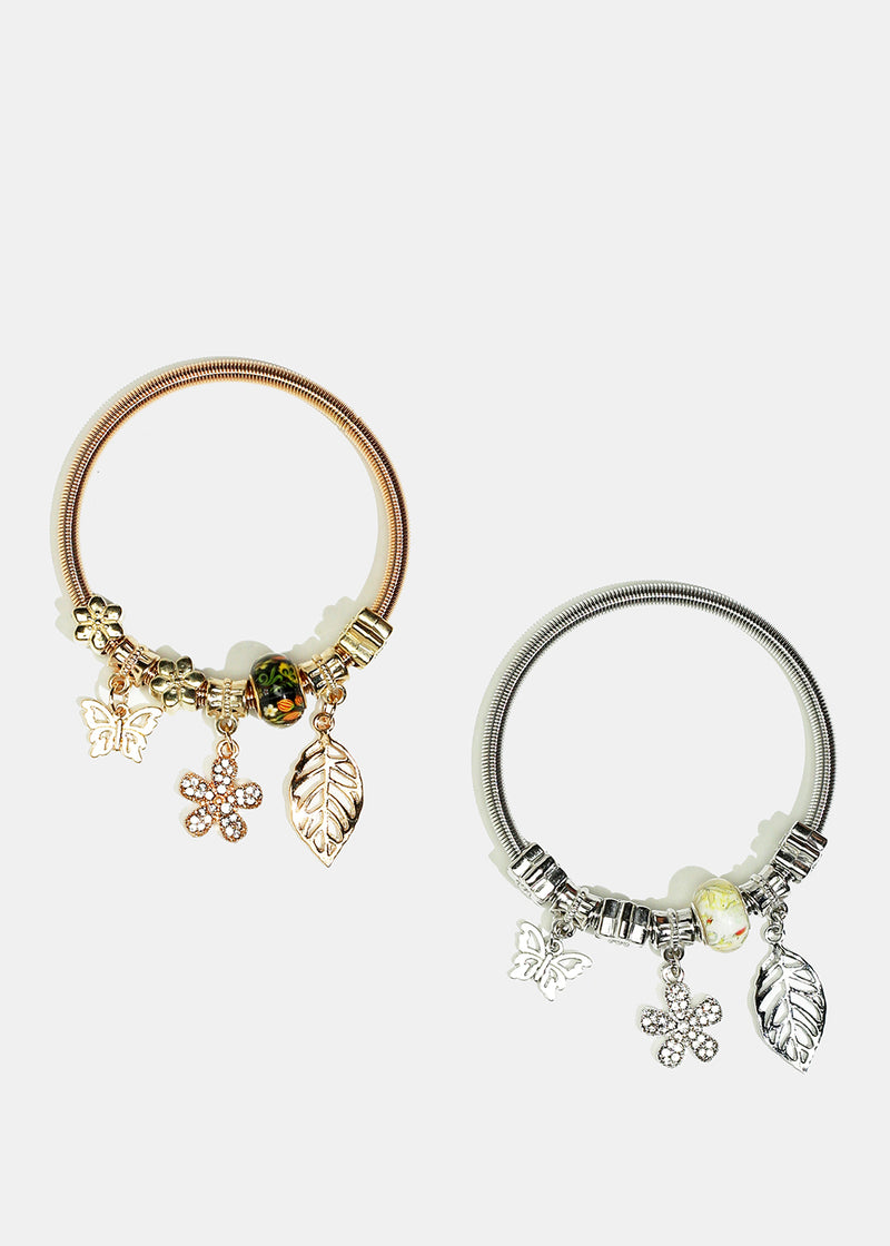 Rhinestone-Studded Flower & Leaf Charm Coil Bracelet  JEWELRY - Shop Miss A