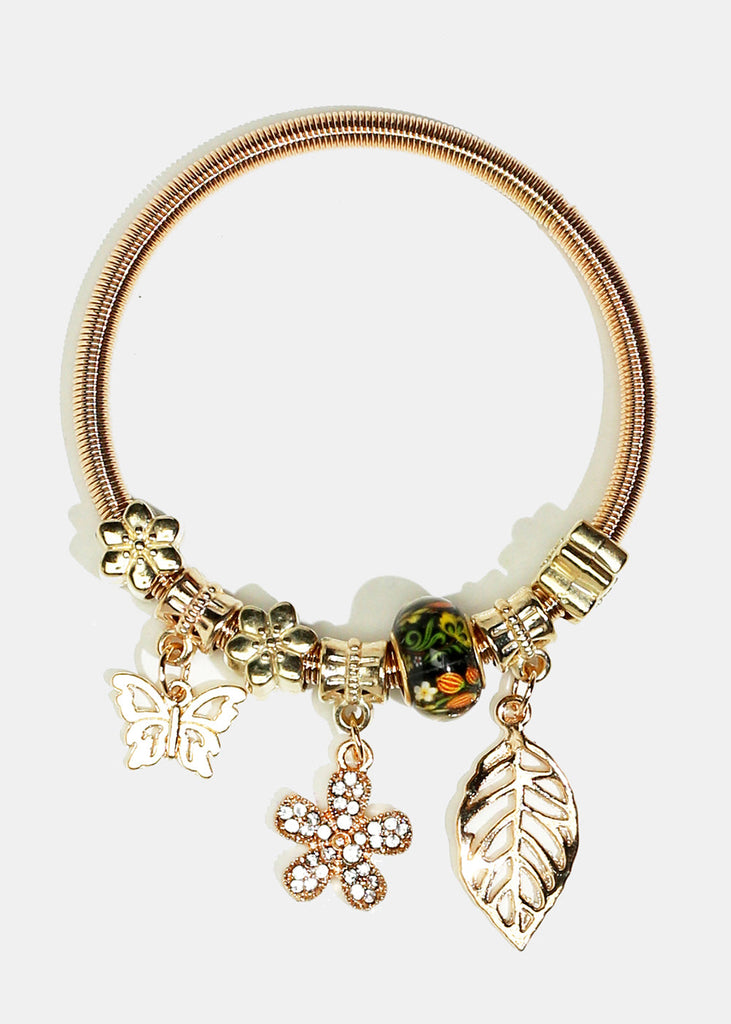 Rhinestone-Studded Flower & Leaf Charm Coil Bracelet Gold(Random) JEWELRY - Shop Miss A
