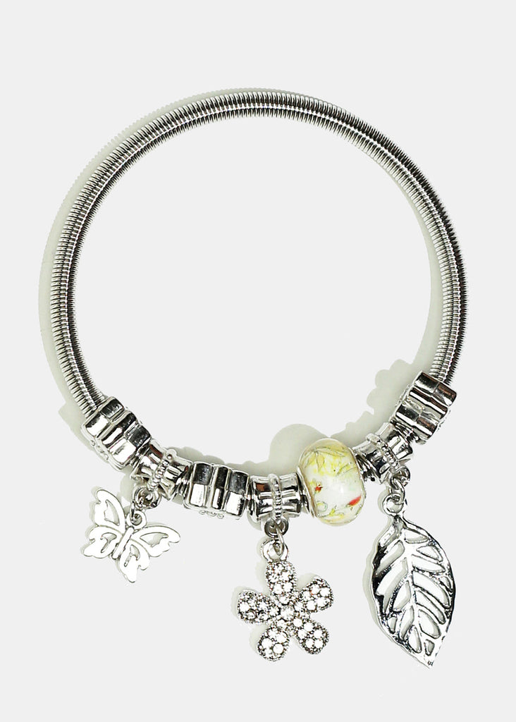 Rhinestone-Studded Flower & Leaf Charm Coil Bracelet Silver(Random) JEWELRY - Shop Miss A