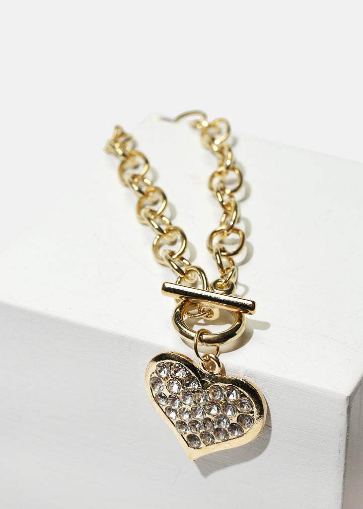Rhinestone Heart Charm Gold Bracelet  JEWELRY - Shop Miss A