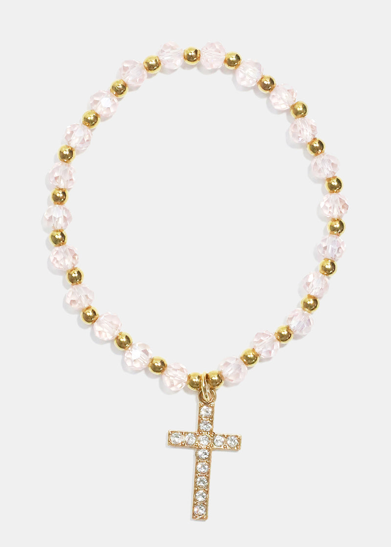 Cross Charm Beaded Bracelet Pink JEWELRY - Shop Miss A