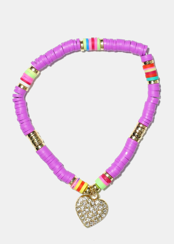 Rhinestone Heart Charm Beaded Bracelet Gold purple JEWELRY - Shop Miss A