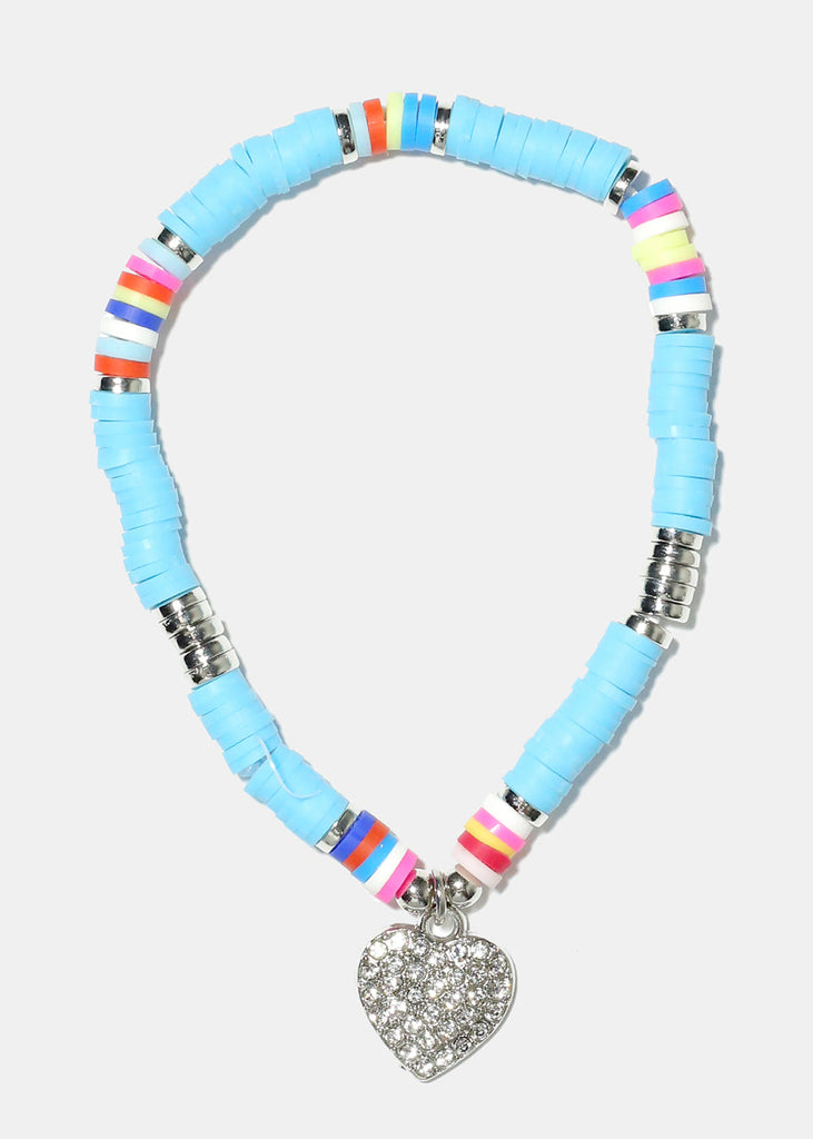 Rhinestone Heart Charm Beaded Bracelet Silver blue JEWELRY - Shop Miss A