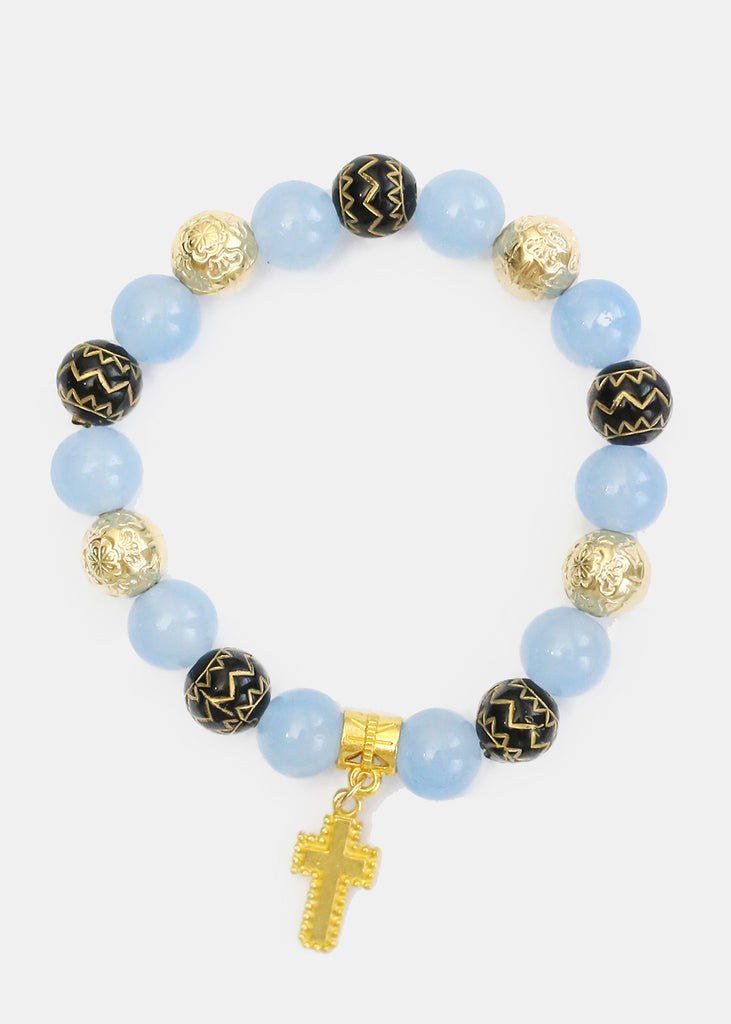 Beaded Bracelet with Gold Cross L. Blue JEWELRY - Shop Miss A