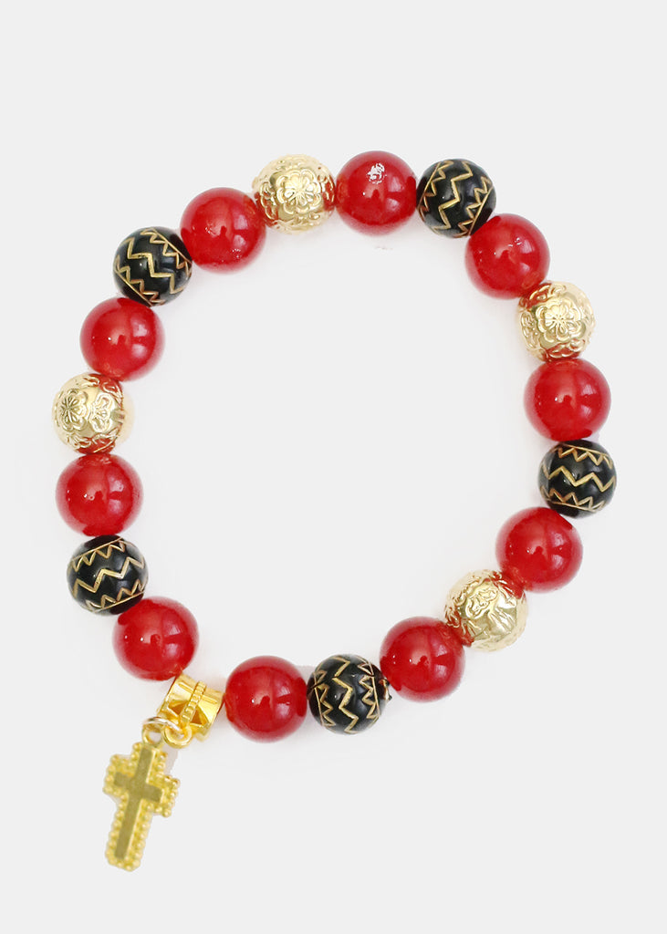 Beaded Bracelet with Gold Cross Red JEWELRY - Shop Miss A