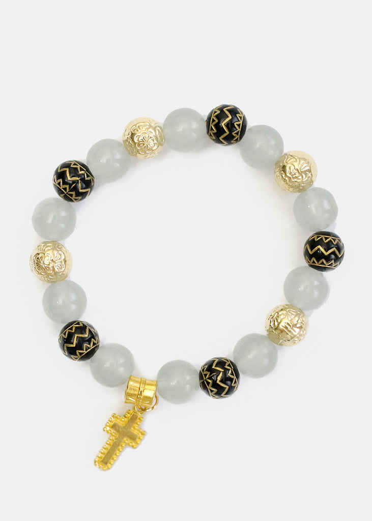 Beaded Bracelet with Gold Cross Grey JEWELRY - Shop Miss A