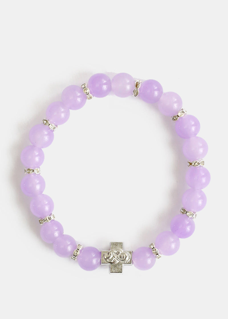Bead & Rhinestone Bracelet with Cross Purple JEWELRY - Shop Miss A