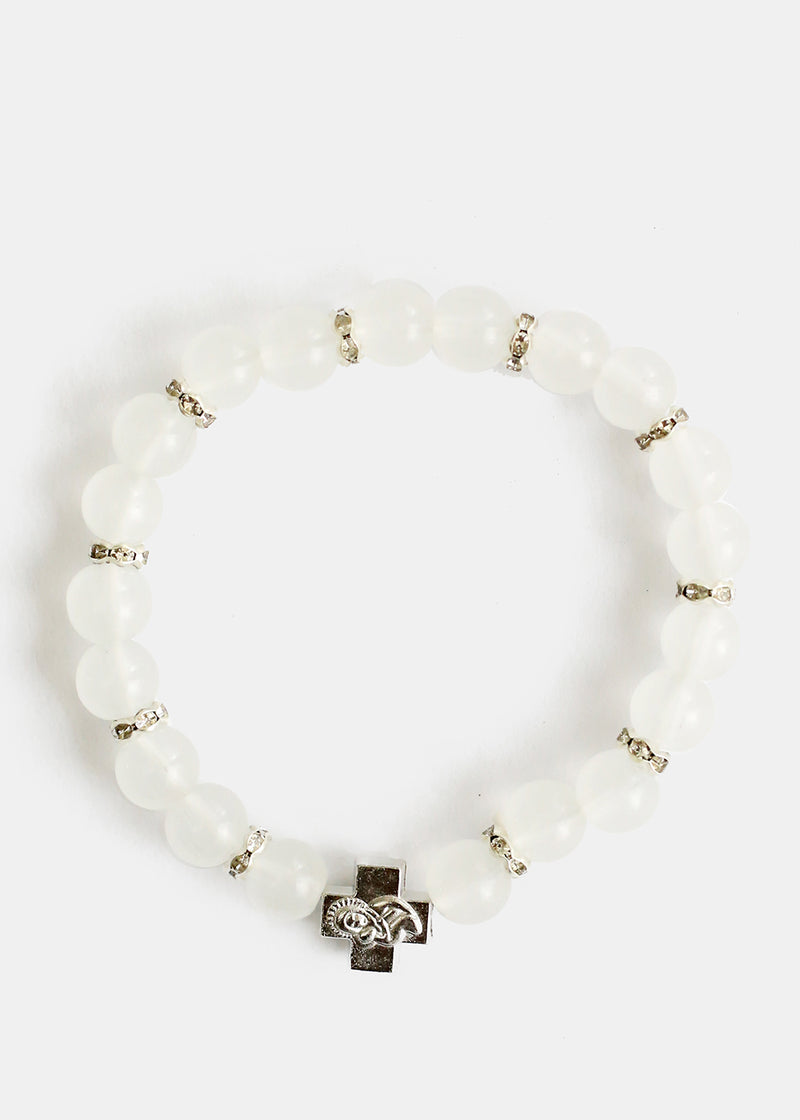 Bead & Rhinestone Bracelet with Cross White JEWELRY - Shop Miss A