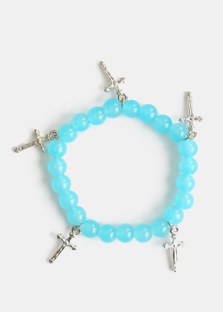 Beaded Bracelet with Silver Crosses Aqua Blue JEWELRY - Shop Miss A