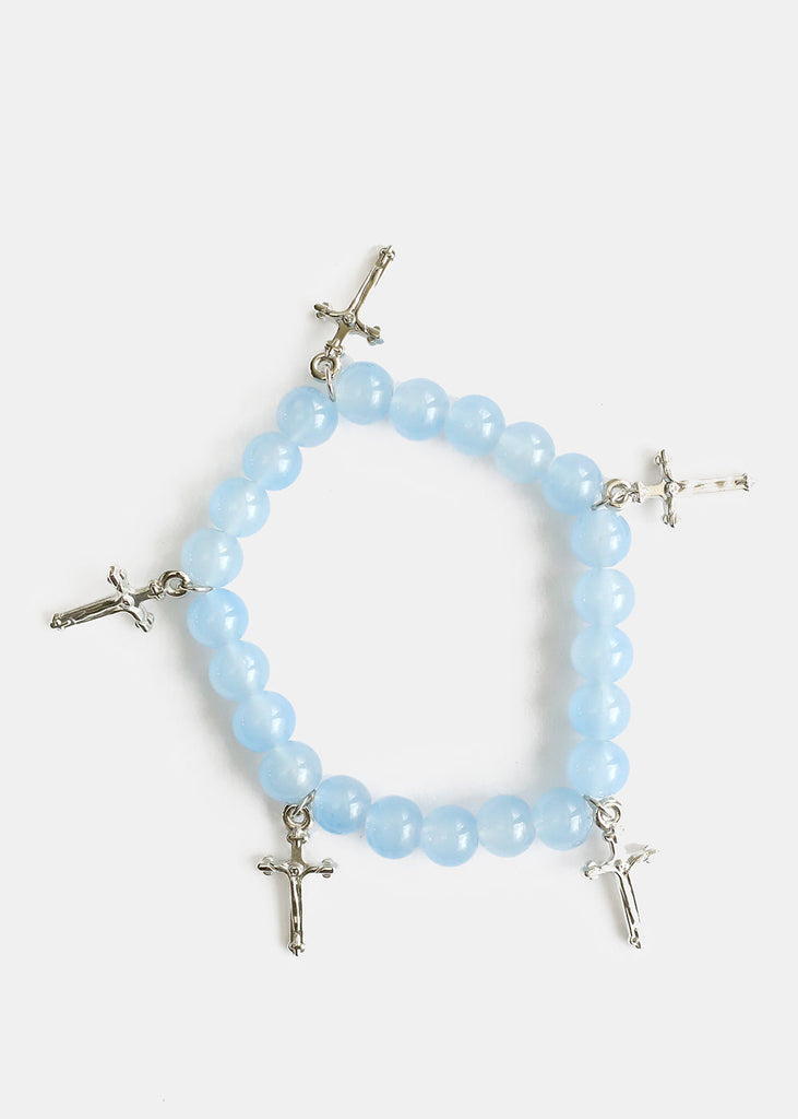 Beaded Bracelet with Silver Crosses L. Blue JEWELRY - Shop Miss A
