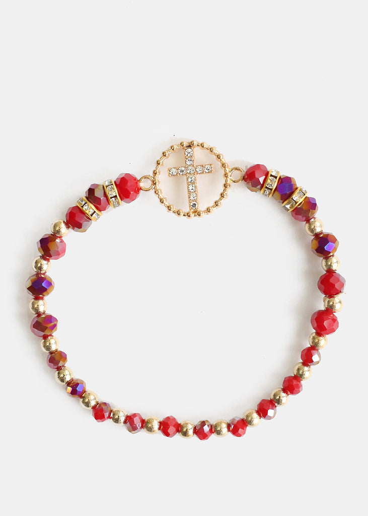 Bead & Rhinestone Bracelet with Cross Red JEWELRY - Shop Miss A