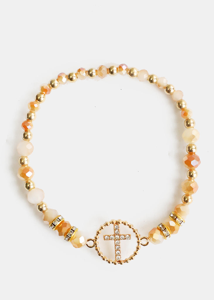 Bead & Rhinestone Bracelet with Cross Gold JEWELRY - Shop Miss A