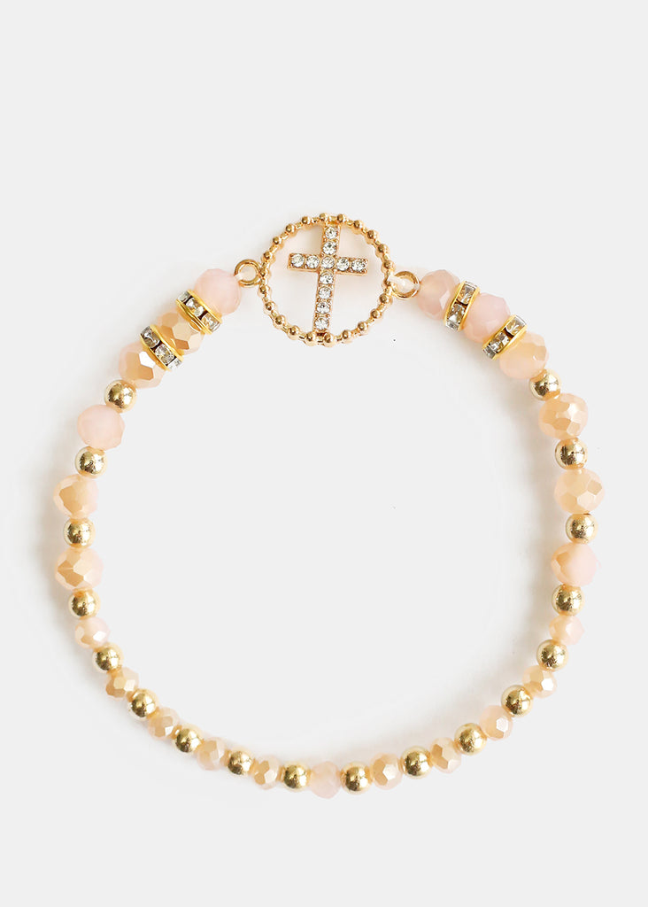 Bead & Rhinestone Bracelet with Cross Pink JEWELRY - Shop Miss A