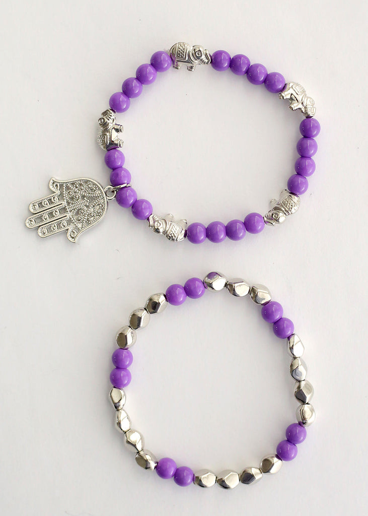 Double Bead Bracelet with Hamsa Hand Dangle Purple/silver JEWELRY - Shop Miss A